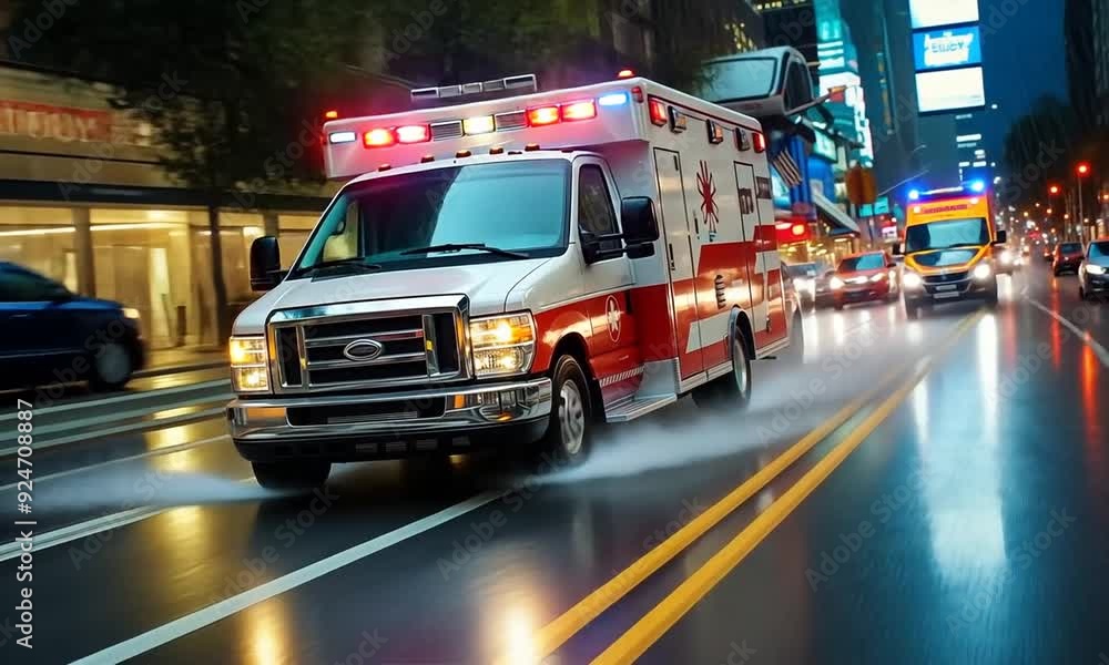 An ambulance races through city streets, lights flashing and sirens wailing, as pedestrians stop to watch the urgent scene unfold on a busy night An ambulance races through city streets, lights flashing and sirens wailing, as pedestrians stop to watch the urgent scene unfold on a busy night