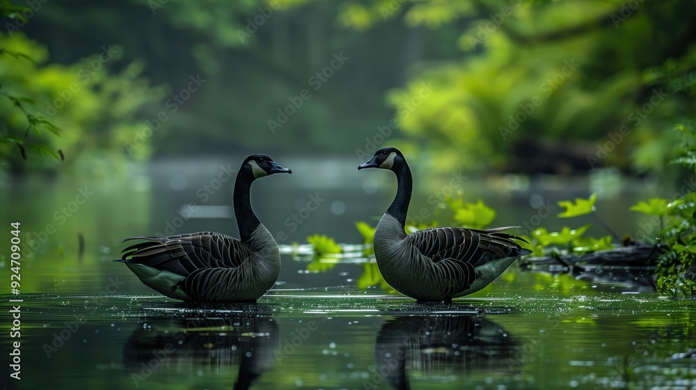 Tranquil Pair of Canada Geese Swimming in a Peaceful Lake Tranquil Pair of Canada Geese Swimming in a Peaceful Lake