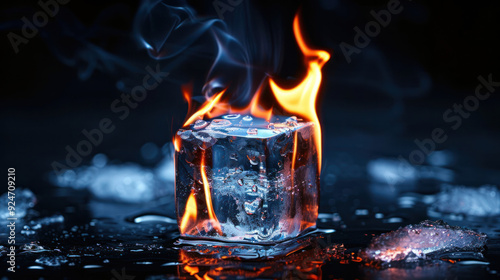 Fototapeta Burning Ice Cube On Black Surface