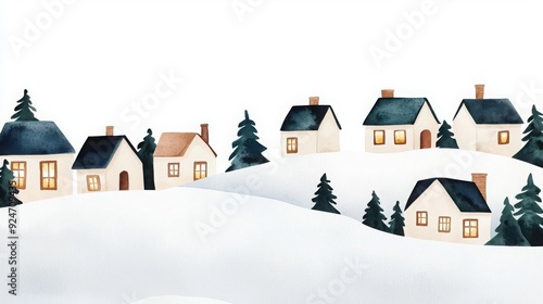 Wallpaper Mural Watercolor painting of a snowy village with houses and pine trees. Torontodigital.ca