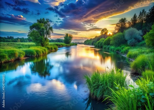 Serene Riverbank Symphony: Tranquil, ambient, light blue, vibrant greens, twilight sky, flowing water, lush vegetation