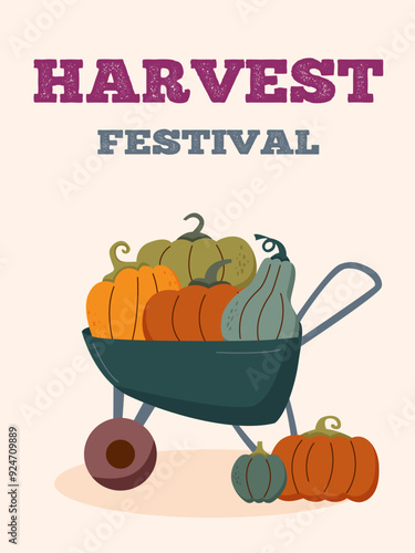 Harvest festival card. Happy harvest poster. Autumn, harvest and Thanksgiving concept. Cart with pumpkins.