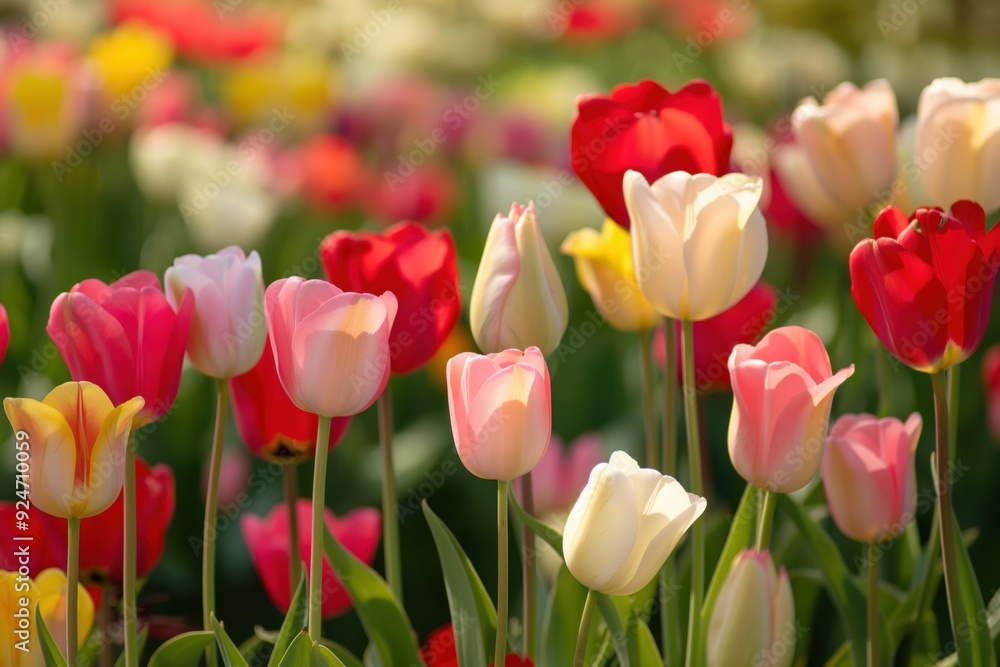 Vibrant tulips bloom in a dutch field on a sunny spring day, showcasing nature's beauty with pink, red, and yellow petals against green foliage Vibrant tulips bloom in a dutch field on a sunny spring day, showcasing nature's beauty with pink, red, and yellow petals against green foliage