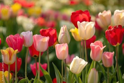 Vibrant tulips bloom in a dutch field on a sunny spring day, showcasing nature's beauty with pink, red, and yellow petals against green foliage