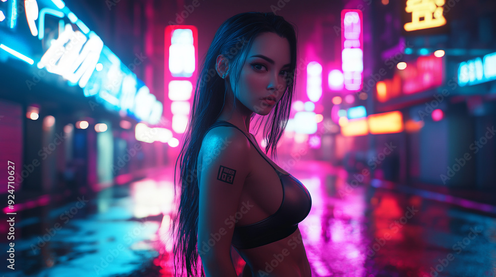 A model with muscular hips and abs, dressed in a tight outfit. Her long hair flows over her shoulders, and neon lights frame her figure, creating a futuristic atmosphere. A model with muscular hips and abs, dressed in a tight outfit. Her long hair flows over her shoulders, and neon lights frame her figure, creating a futuristic atmosphere.