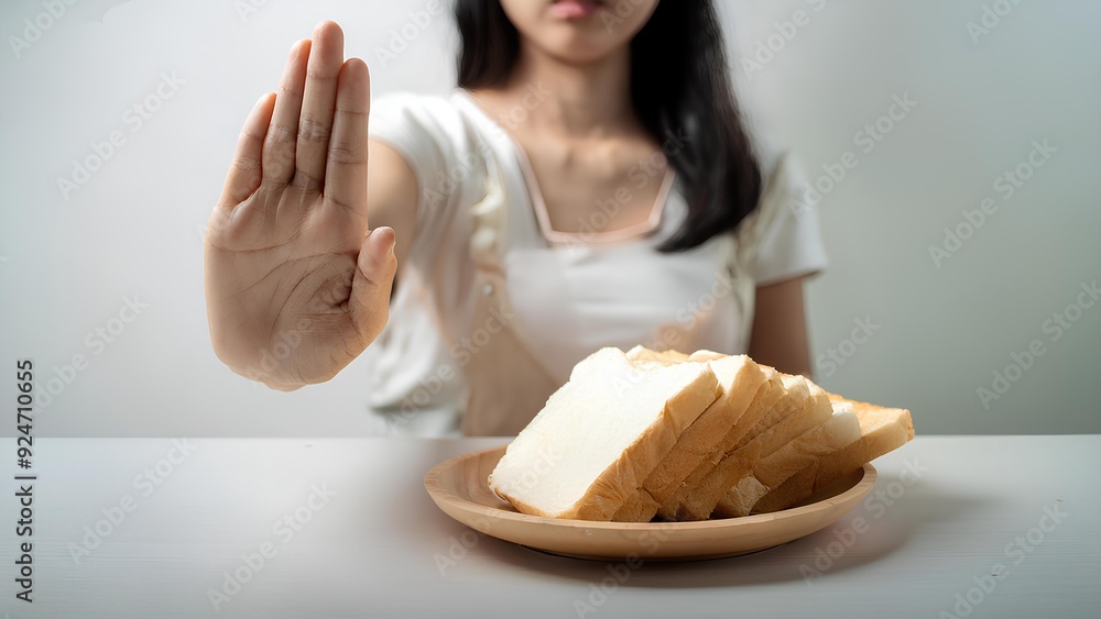 Concept: No-carb diet, excess weight, calories. Woman on a diet, making a gesture with her palm to white bread. Slices of white bread on plates. Concept: No-carb diet, excess weight, calories. Woman on a diet, making a gesture with her palm to white bread. Slices of white bread on plates.
