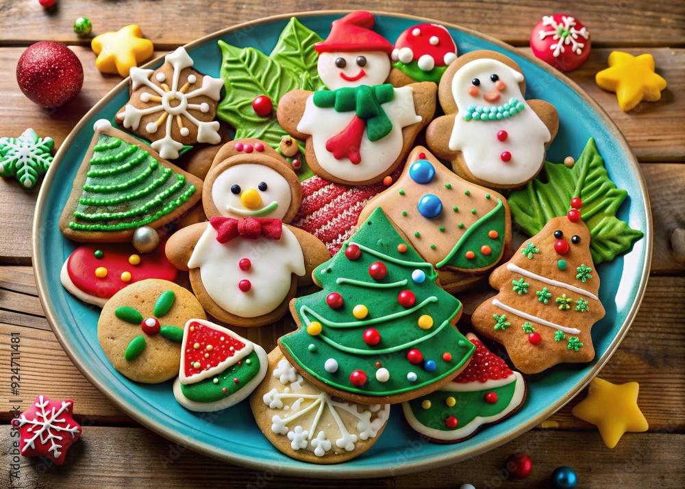 Whimsical Festive Cookie Feast: Playful, colorful mix of cookies arranged on a decorative flat plate, invoking a sense of childlike joy Whimsical Festive Cookie Feast: Playful, colorful mix of cookies arranged on a decorative flat plate, invoking a sense of childlike joy