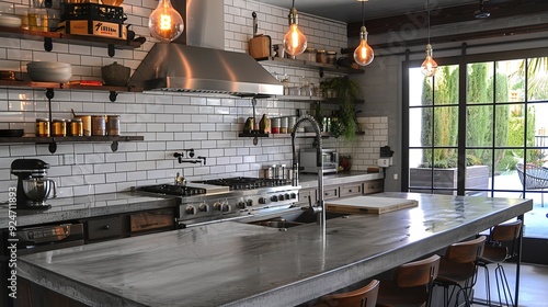 A kitchen with a modern industrial vibe, featuring concrete countertops, metal shelving, and Edison bulb lighting. photo