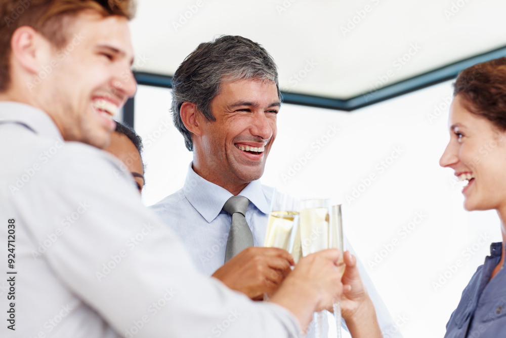 Employees, people and cheers with champagne glasses in office for group, celebration and achievement. Business, partners and excited or happy with success for teamwork, collaboration and toast Employees, people and cheers with champagne glasses in office for group, celebration and achievement. Business, partners and excited or happy with success for teamwork, collaboration and toast