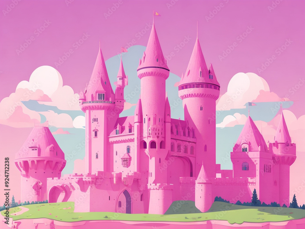 Fototapeta premium Dreamy pink and cartoon style castle in vector. Beautiful illustration picture. Generative AI