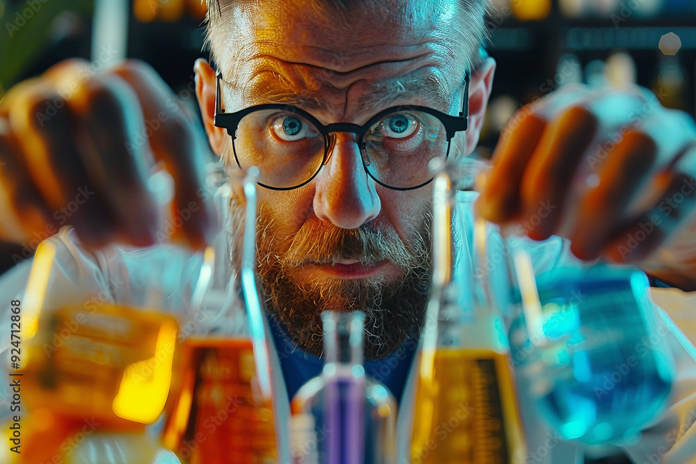 Mad crazy funky scientist in his laboratory with messy hair making research, Generative AI Mad crazy funky scientist in his laboratory with messy hair making research, Generative AI