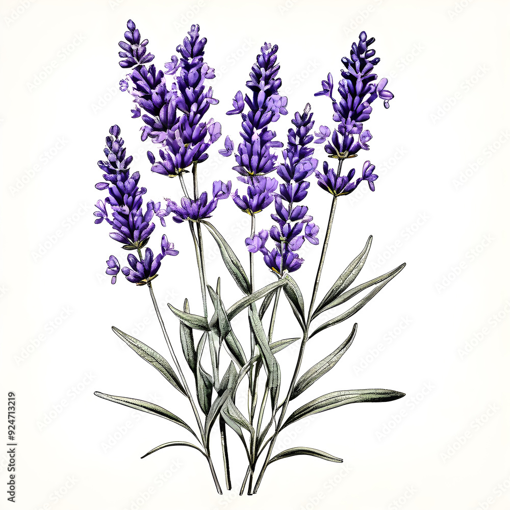 Naklejka premium Beautiful Lavender with green leaves vintage art style engraved etching line art. Generative Ai.