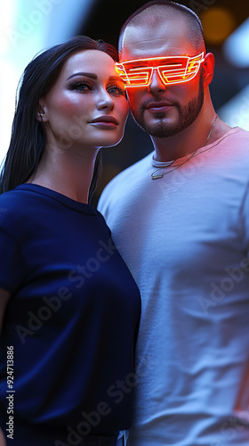 A couple in cyberpunk style: a woman with smooth dark hair and a man in neon glasses, illuminated by cold light. Her gentle smile contrasts with the bright light, creating a futuristic image. photo