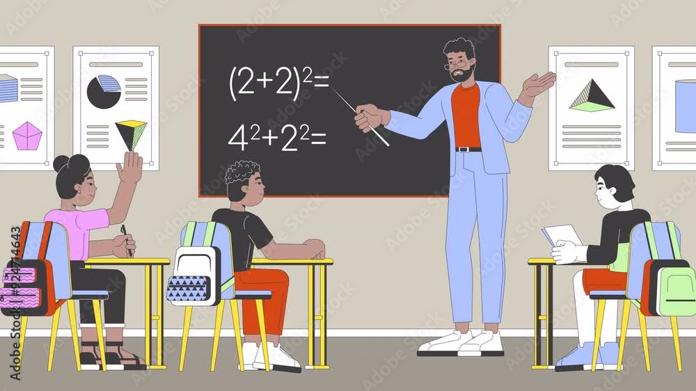 Math teacher teaching schoolchildren cartoon animation. Mathematics 4K video motion graphic. African american teacher, diverse elementary students 2D animated characters on blackboard background Math teacher teaching schoolchildren cartoon animation. Mathematics 4K video motion graphic. African american teacher, diverse elementary students 2D animated characters on blackboard background