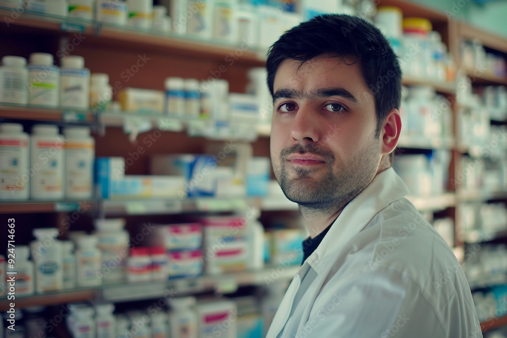 Portrait of pharmacist in a pharmacy drugstore with shelves health care product generative AI Portrait of pharmacist in a pharmacy drugstore with shelves health care product generative AI