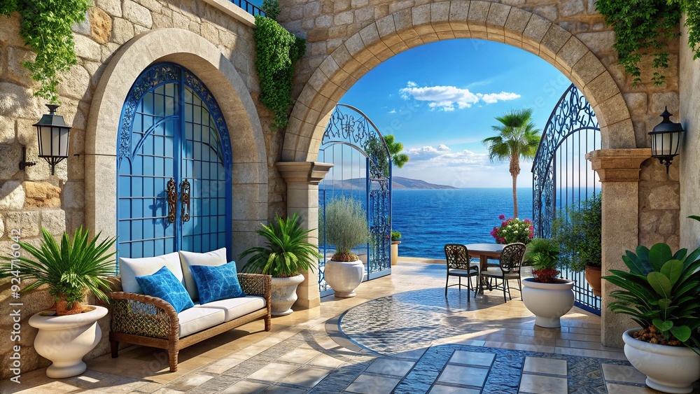 Obraz premium Mediterranean Coastal Stone Escape: Blue and white hues, archways, wrought iron details, coastal vibes