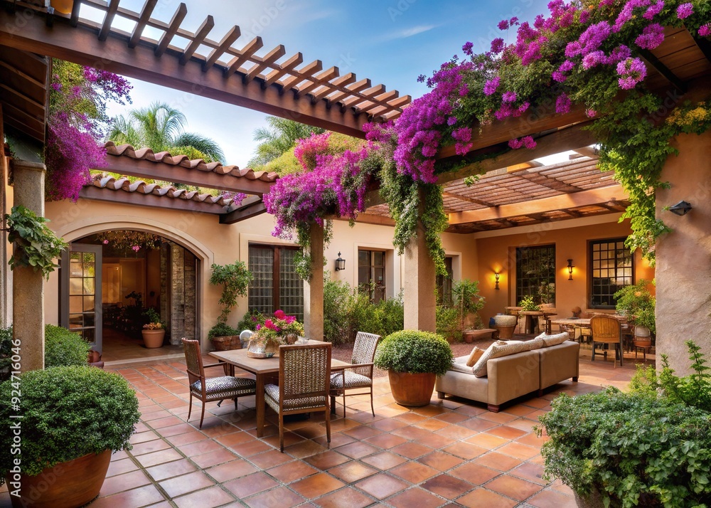 Fototapeta premium Mediterranean Family Retreat: Earthy tones, terracotta tiles, open courtyards, shaded pergolas, blooming bougainvillea