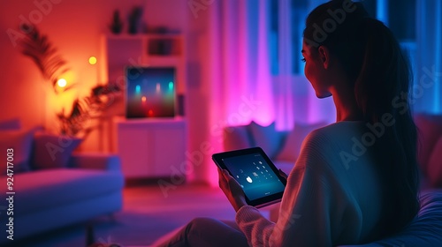 SHOTLISTtech: A woman in a cozy living room using a smart tablet to control the lighting and temperature, with a view of the entire room in the background photo