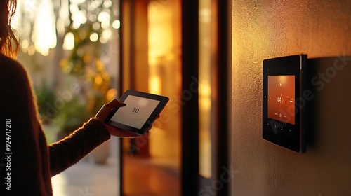 SHOTLISTtech: A person entering a modern home and using a wall-mounted touch-screen panel to control the lights and temperature in the entryway photo