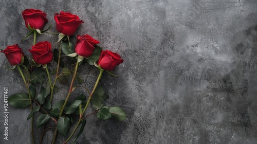 Fototapeta Naklejka Na Ścianę i Meble -  Red roses on a gray background flat lay with copy space