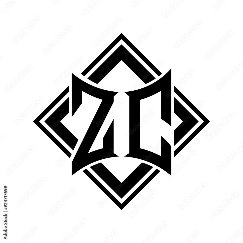 ZC Letter logo with abstract shield shape with square black outline on white background design ZC Letter logo with abstract shield shape with square black outline on white background design