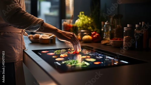 Fototapeta Naklejka Na Ścianę i Meble -  A person preparing dinner in a kitchen with international influences, using a touch-screen device to set the lighting and temperature, with spices and ingredients on the counter