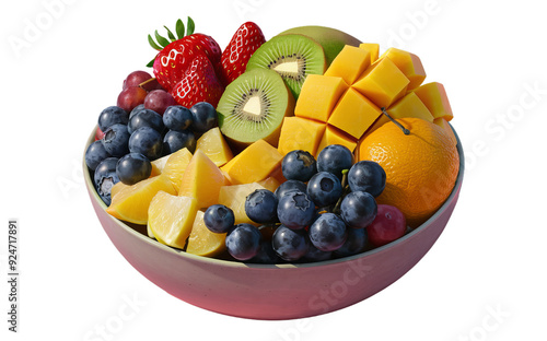 Slices of ripe mango, juicy strawberries, halved kiwi fruits, plump blueberries, and green grapes are artfully arranged. Generative ai.