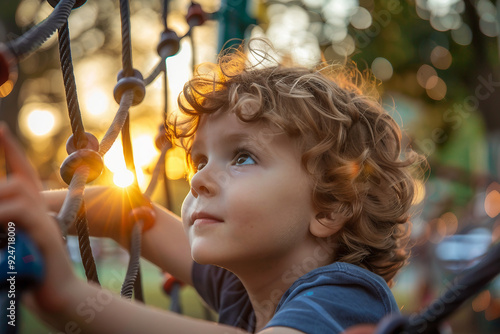 Excited happy children playing outdoors alone with friends mom dad family, urban city town modern playground, Generative AI