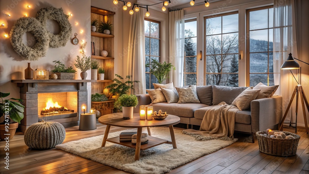Scandinavian Hygge Haven: Cozy textures, warm lighting, natural materials, cozy ambiance. Scandinavian Hygge Haven: Cozy textures, warm lighting, natural materials, cozy ambiance.