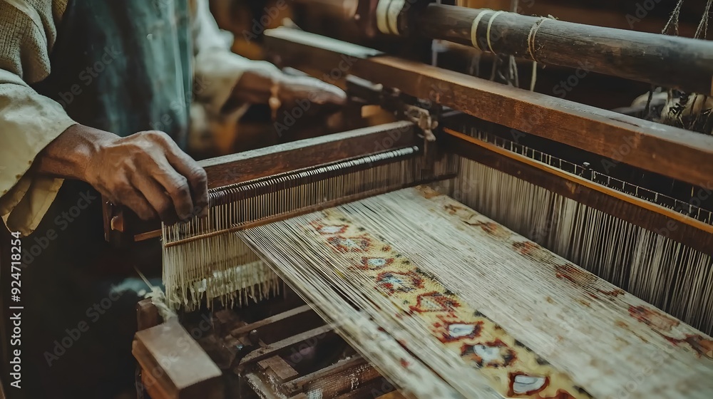 Artisan Weaving a Unique Fabric in a Rural Textile Workshop Artisan Weaving a Unique Fabric in a Rural Textile Workshop