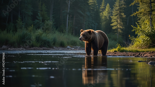 bear on the river bank in the morning