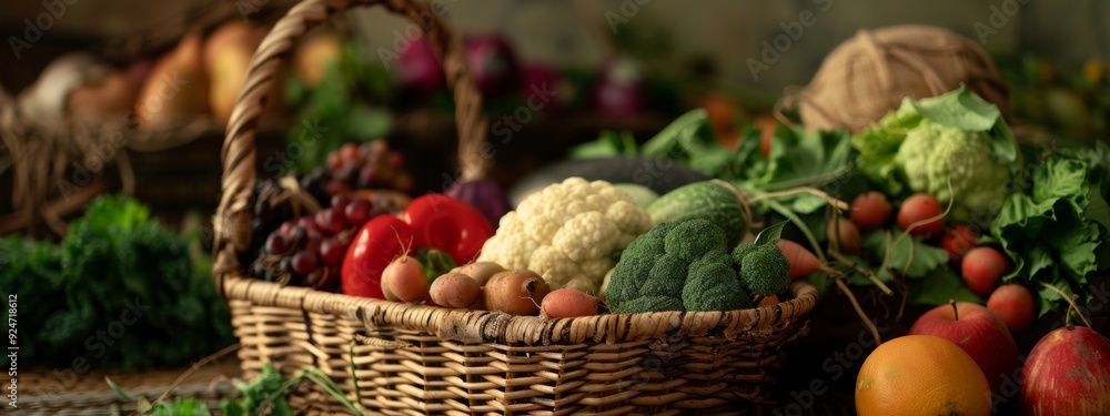 Basket of fresh vegetables and fruits in a rustic kitchen setting Basket of fresh vegetables and fruits in a rustic kitchen setting
