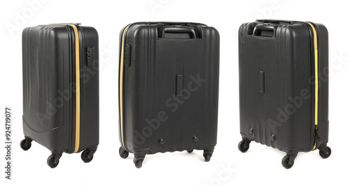 Set of black suitcase on white background, view from different sides