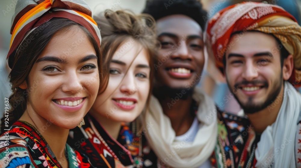 Diverse Group of Friends in Traditional Attire from Various Cultures Celebrating Unity and Friendship Diverse Group of Friends in Traditional Attire from Various Cultures Celebrating Unity and Friendship