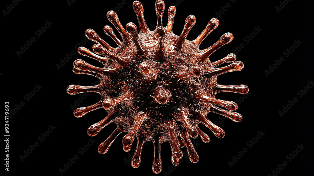 Obraz premium A detailed, high-resolution image of a virus cell under a microscope, showcasing the virus's structure with prominent spikes and proteins on its surface, set against a dark background