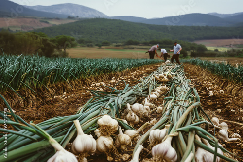 Freshly harvested garlic bulbs drying on the ground in a garlic field with farmers working in the background photo