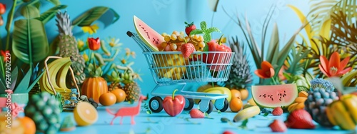 Miniature shopping cart filled with colorful fruits and vegetables on a blue background