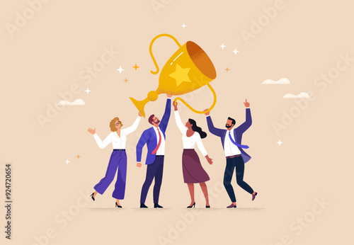 Business Team Success. Vector illustration in flat style of a diverse group of people in business suits in full growth with a large golden cup in their raised up hands. Isolated on background.