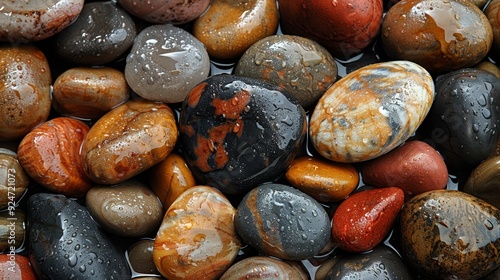 Smooth River Stones Forming A Textured Background With Glossy Finish photo