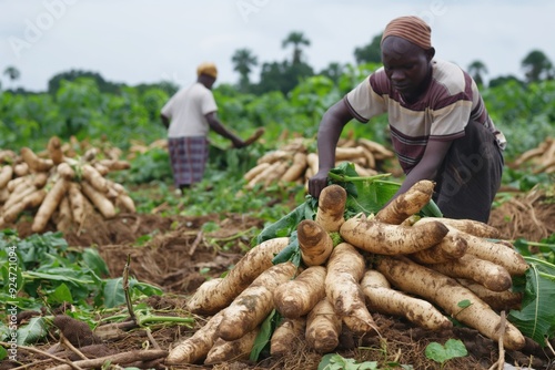 Farmers harvesting cassava roots in a sunny field, showcasing teamwork and dedication. The lush rural setting captures the essence of farming in nigeria