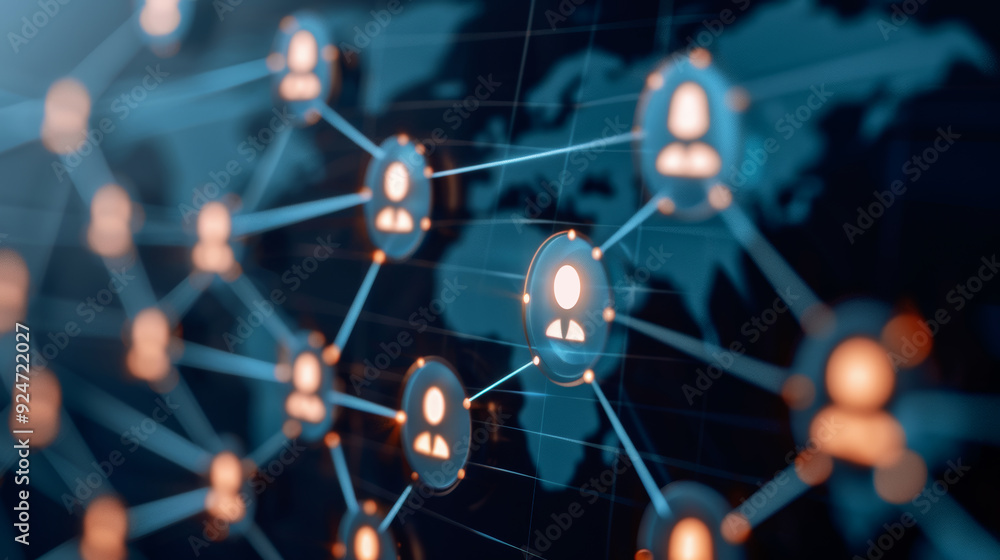 A digital network representation with interconnected nodes depicting communication and collaboration in technology and business. A digital network representation with interconnected nodes depicting communication and collaboration in technology and business.