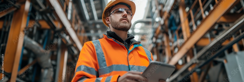 A worker wearing an orange safety vest and hard hat uses a digital tablet while surrounded by intricate industrial equipment and machinery. A worker wearing an orange safety vest and hard hat uses a digital tablet while surrounded by intricate industrial equipment and machinery.