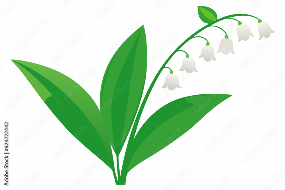 Obraz premium A sprig of lily of the valley with white bell-shaped flowers and green leaves