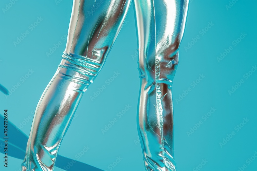 A woman in shiny pants is walking on a background A woman in shiny pants is walking on a background