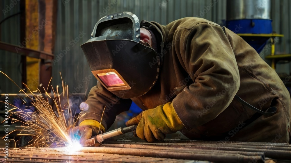 Welder in factory welding metal pipes Welder in factory welding metal pipes