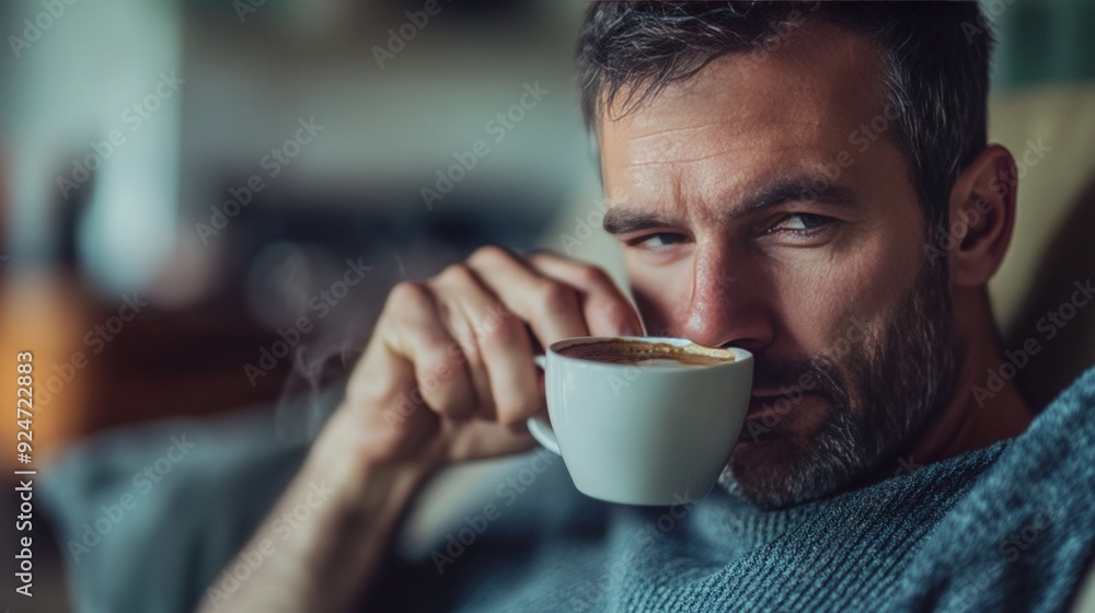 Handsome Man Enjoying a Cup of Coffee in a Cozy Home Setting Handsome Man Enjoying a Cup of Coffee in a Cozy Home Setting