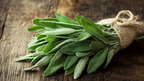 A bundle of fresh sage leaves tied with rustic twine, placed on a wooden surface, evoking the essence of natural healing, traditional herbal remedies, and culinary uses in cooking. photo