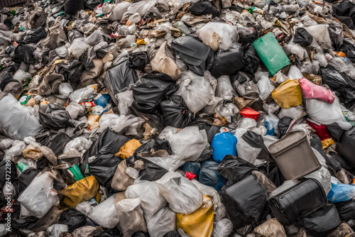 Massive Pile of Trash and Waste in Urban Area: Environmental Impact and Pollution, Massive Pile of Household Waste and Trash Overflowing: Environmental, Mountain of Trash, garbage on the street stock 