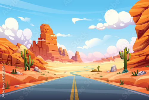 Straight road through desert landscape with red rocks, cacti, and clear blue skies. Vector cartoon illustration