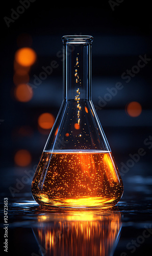 Scientific beaker with glowing amber liquid, standing against a dark background, reflecting light in a visually striking manner, ideal for chemistry, laboratory, or alchemical themes photo